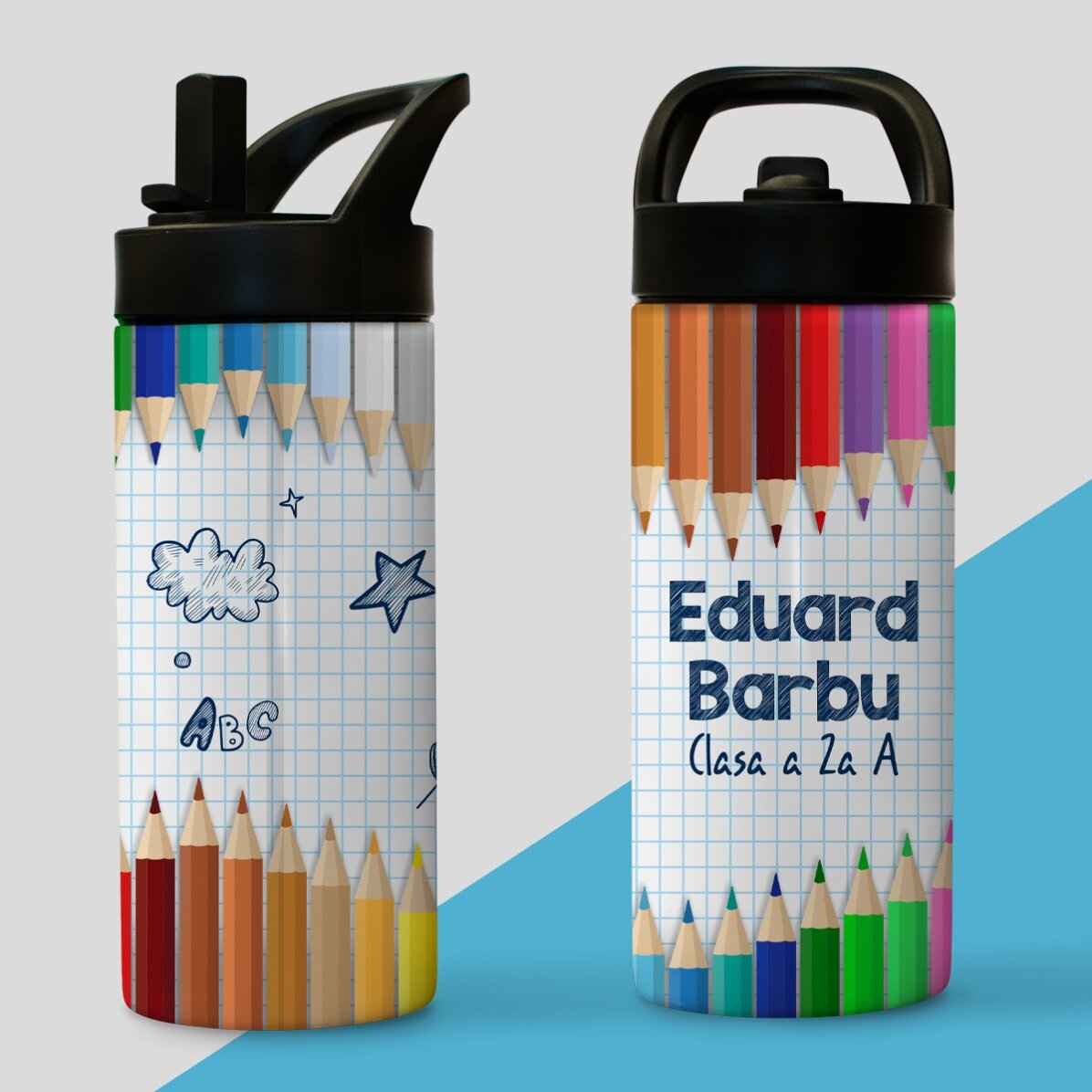 Termos cu mâner și pai personalizat cu nume - Creioane colorate