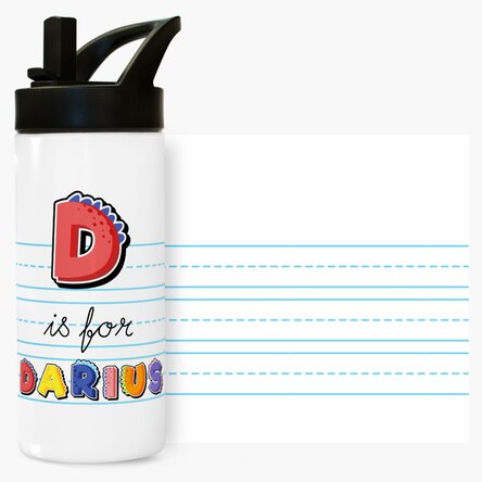 Termos cu mâner și pai personalizat cu nume - model dinozaur