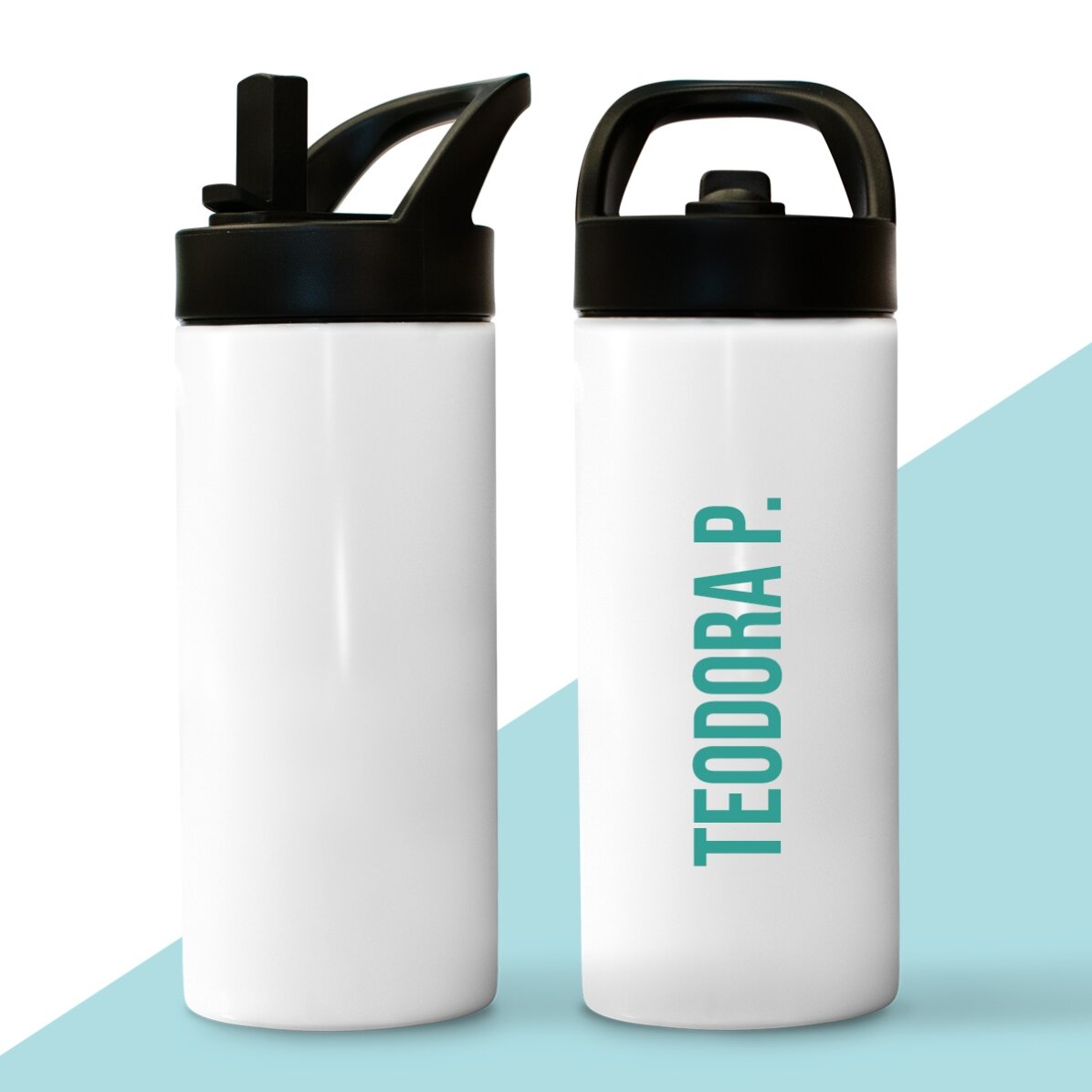 Termos cu mâner și pai personalizat cu nume pe verticală