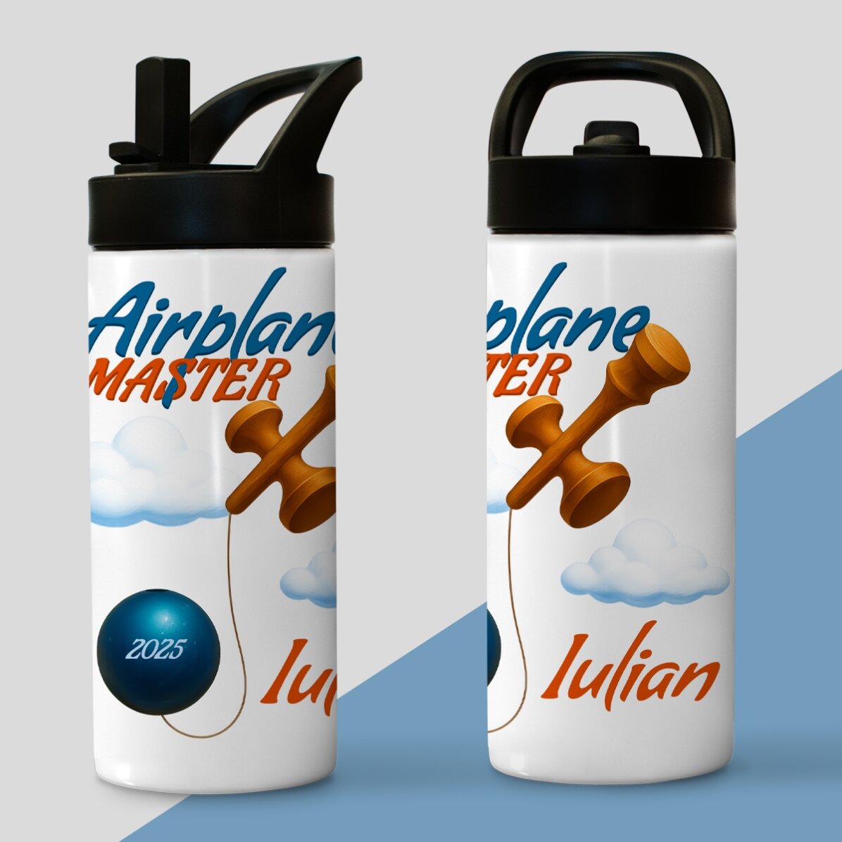 Termos cu mâner și pai personalizat cu nume pentru copii - Airplane Master