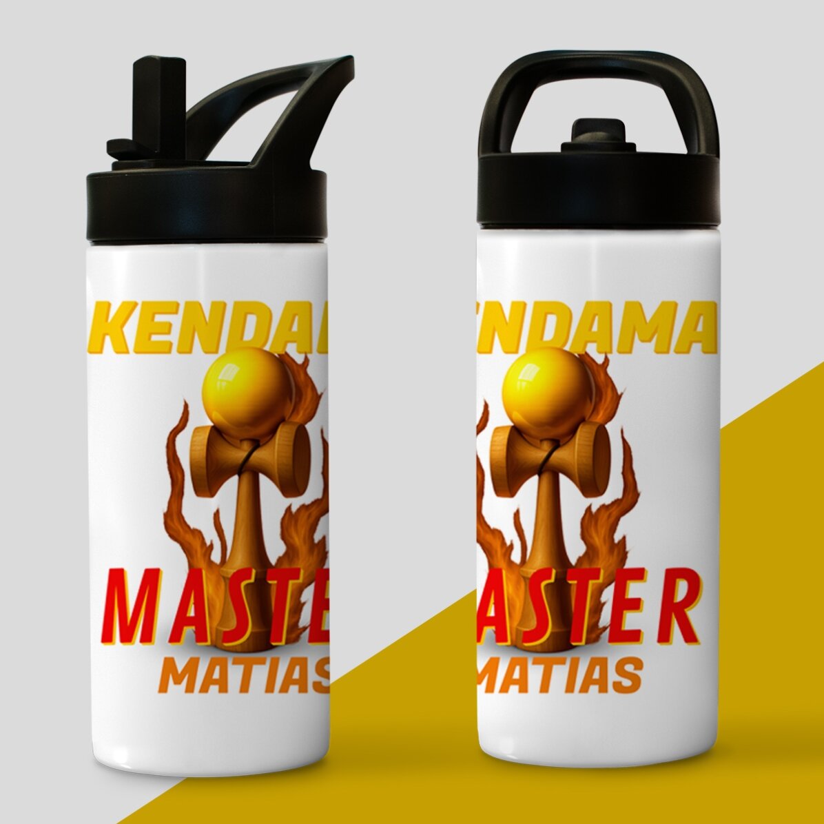 Termos cu mâner și pai personalizat cu nume pentru copii - Kendama Master
