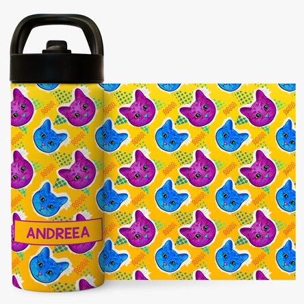 Termos cu mâner și pai personalizat cu nume - Pisicuțe colorate