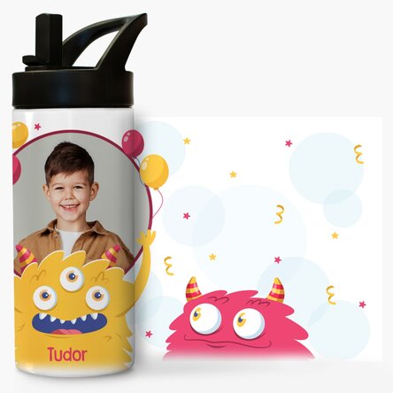 Termos cu mâner și pai personalizat cu o poză și nume - Ziua Copilului