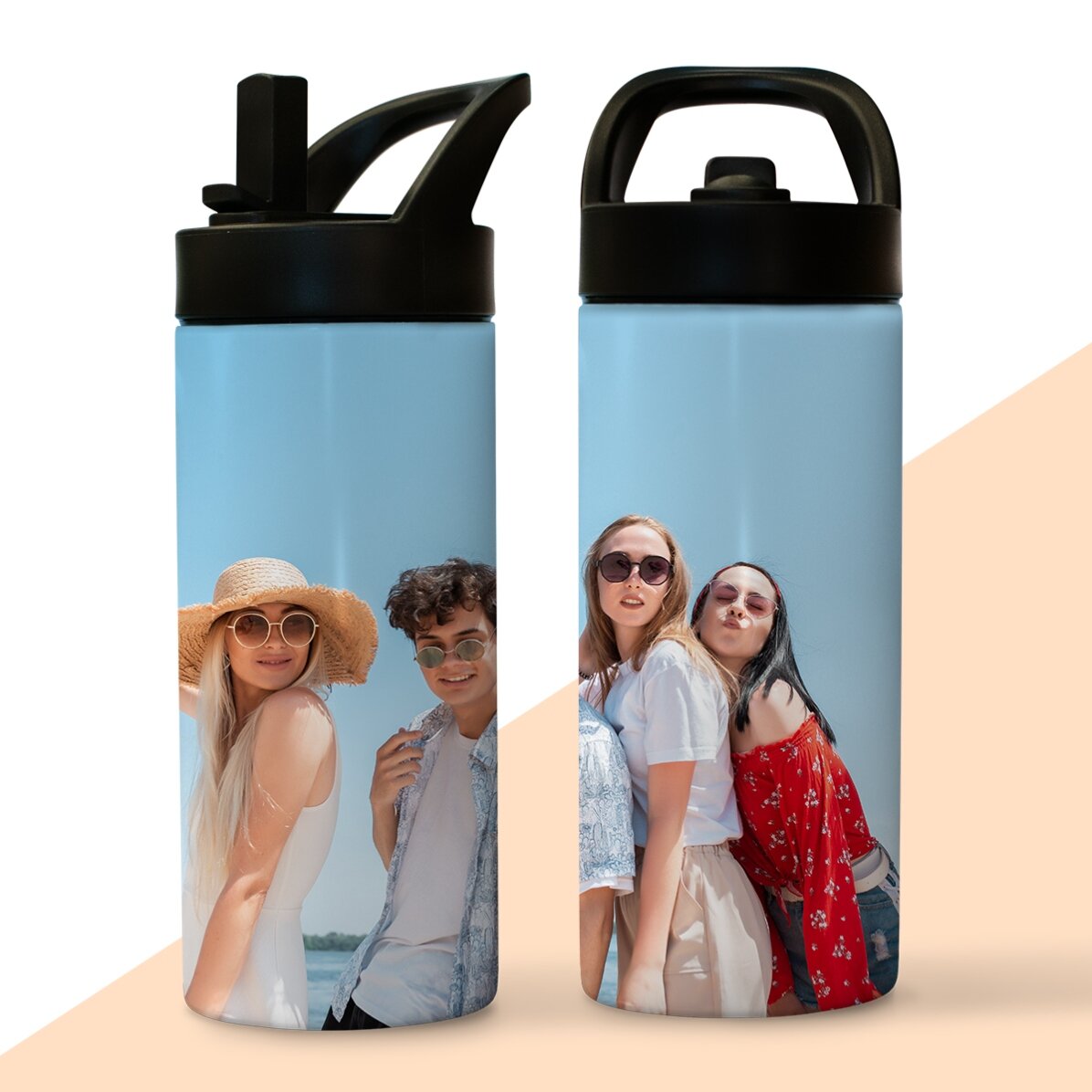 Termos cu mâner și pai personalizat cu o poză