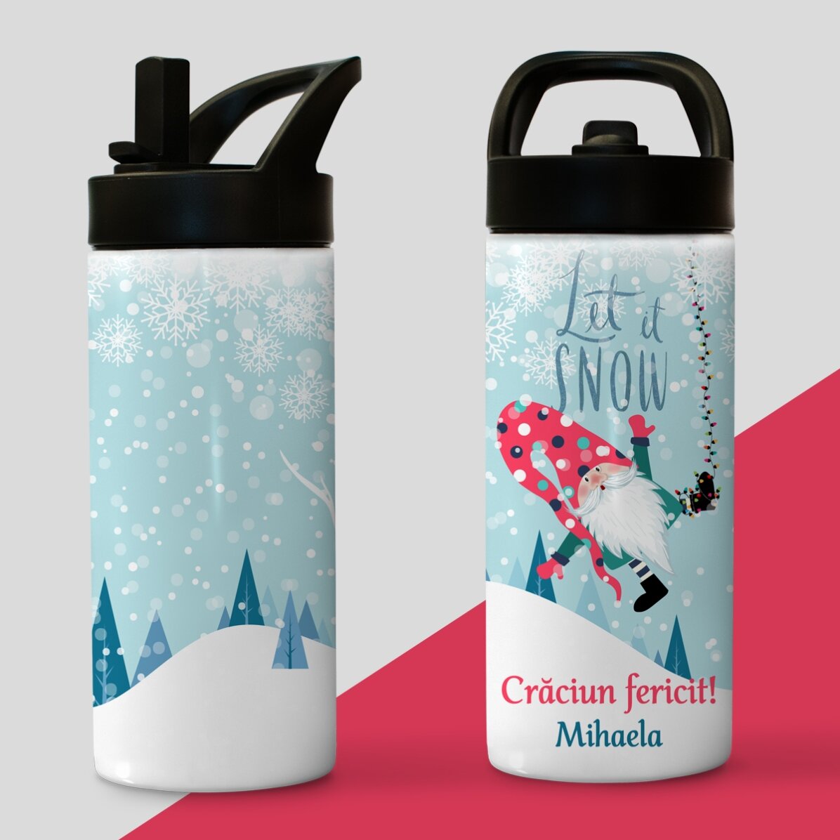 Termos cu mâner și pai personalizat cu text - Let it snow