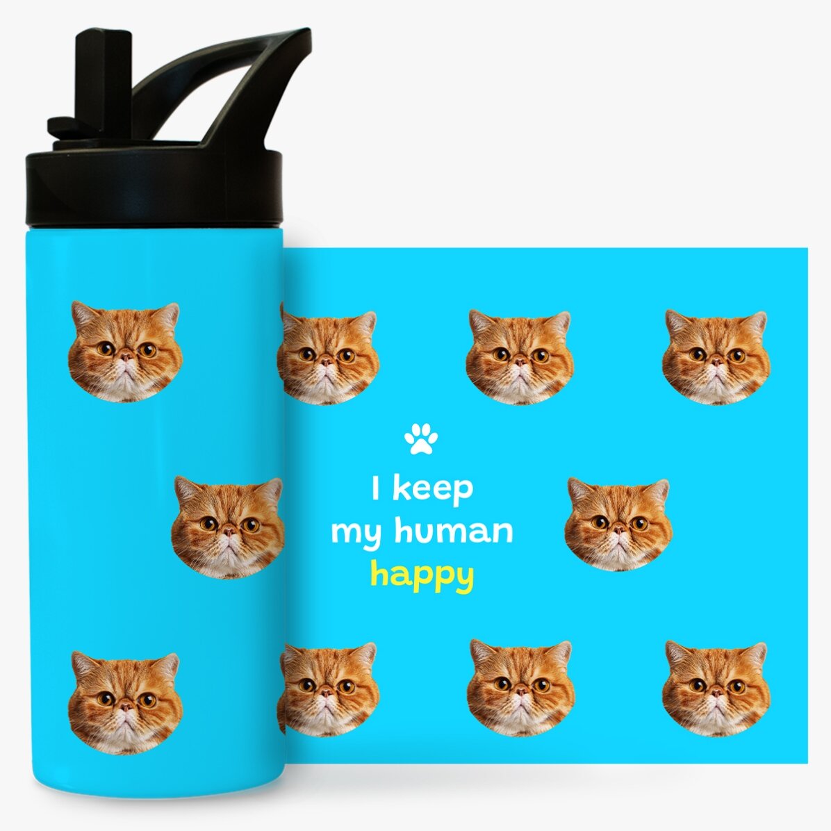 Termos cu mâner și pai personalizat cu text și poză - Happy