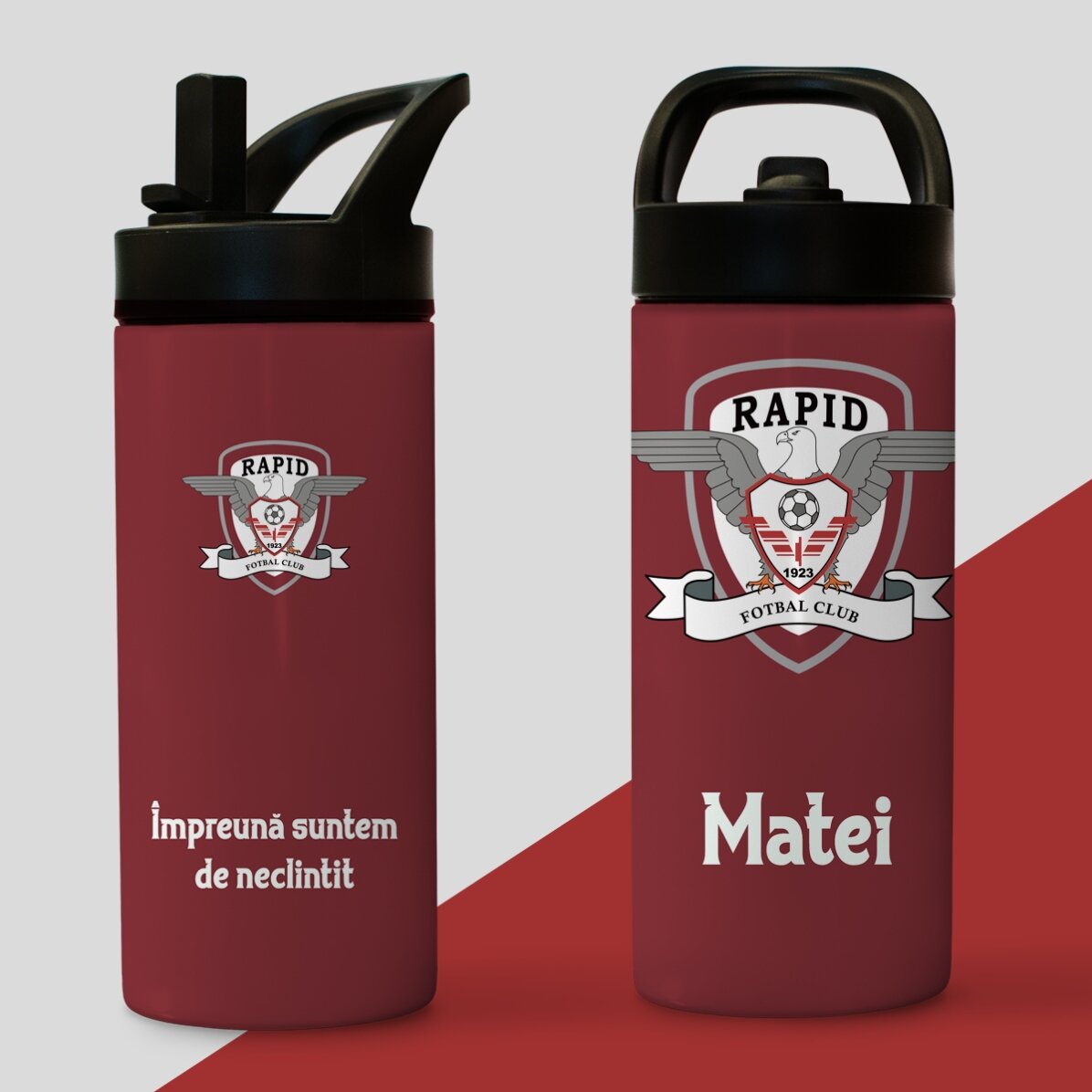 Termos FC Rapid cu mâner și pai personalizat cu nume și mesaj