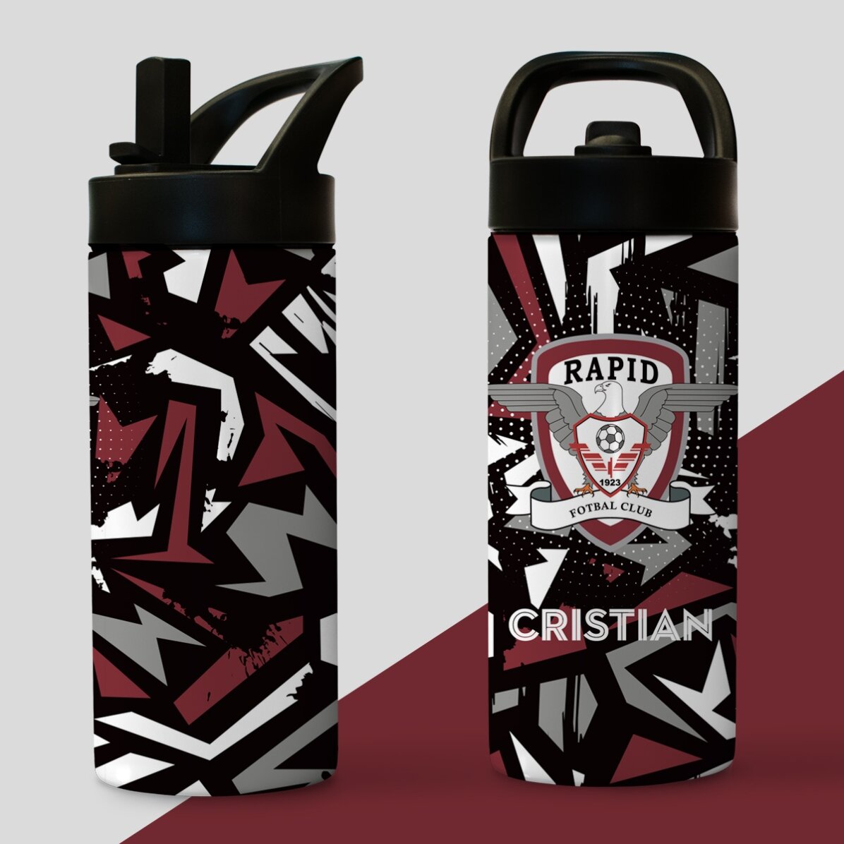 Termos FC Rapid cu mâner și pai personalizat cu text - Pattern