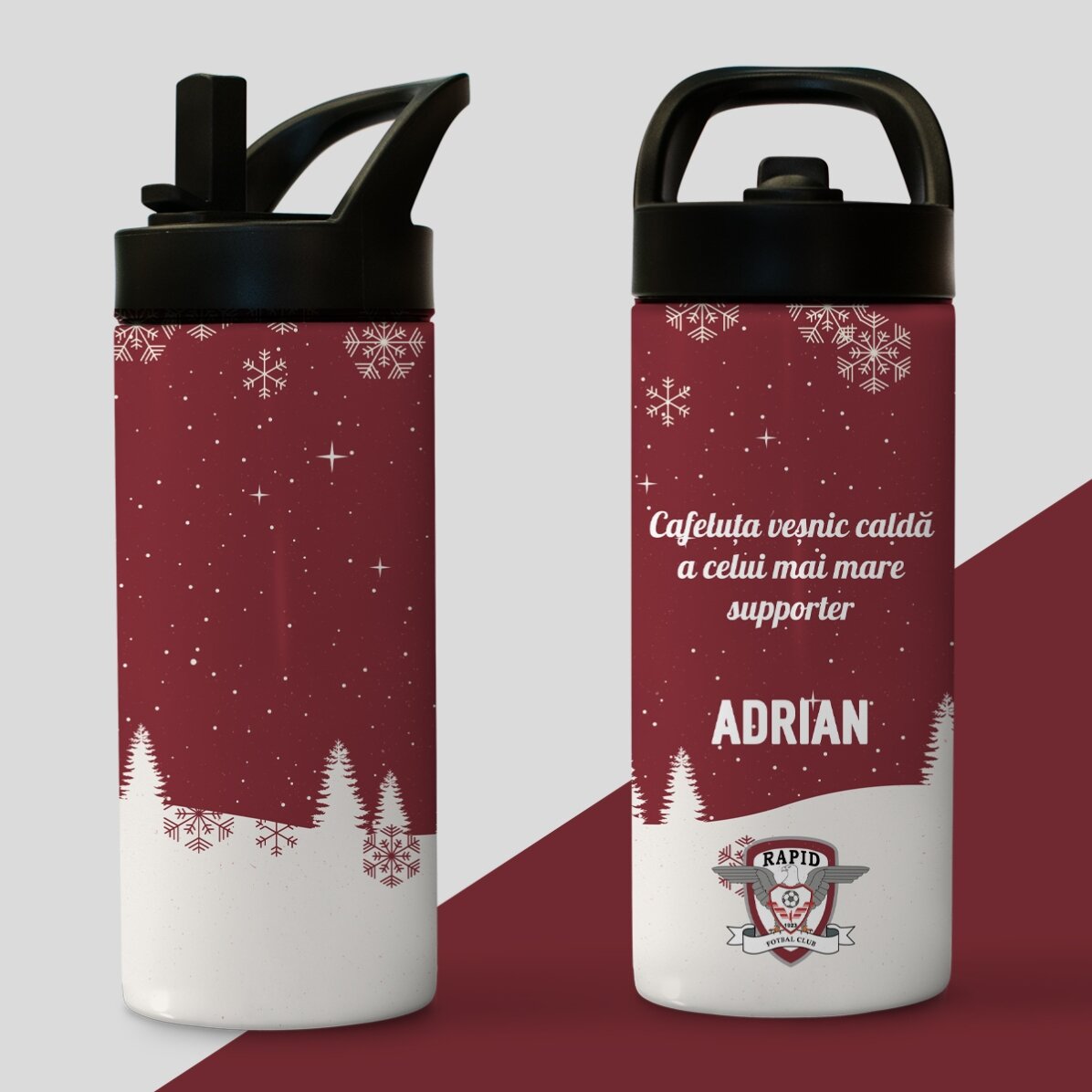 Termos FC Rapid cu mâner și pai personalizat cu text - Peisaj de iarnă