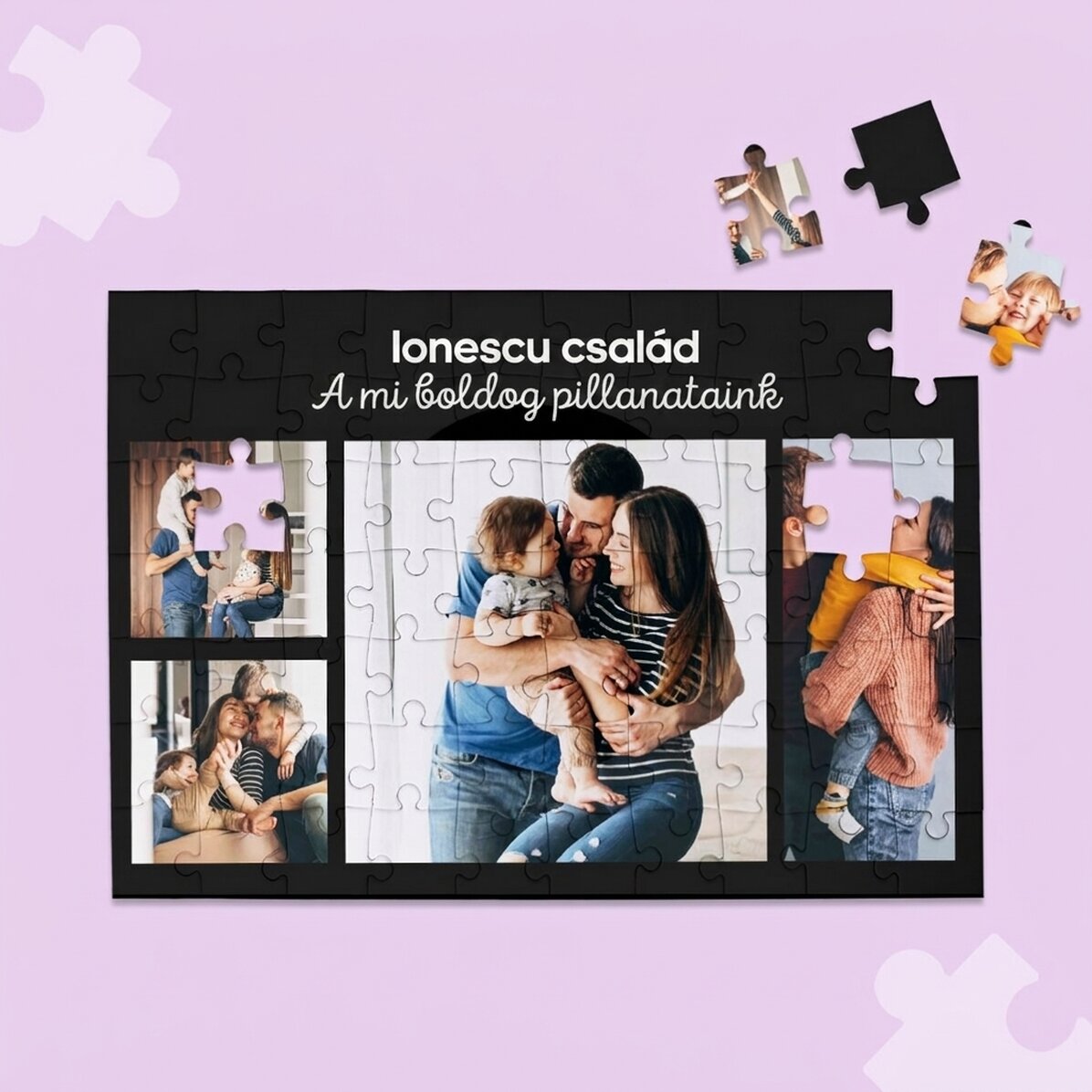 Személyre szabott puzzle 4 fotóval és szöveggel, 28x19 cm