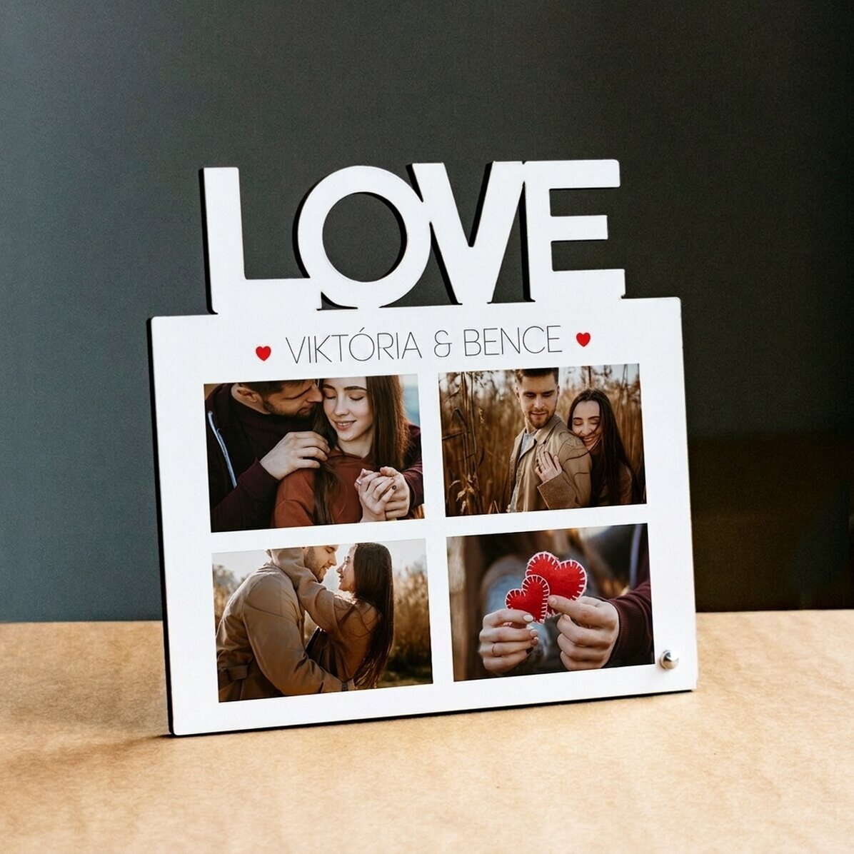 Személyre szabott asztali képkeret 4 fotóval és szöveggel – LOVE modell