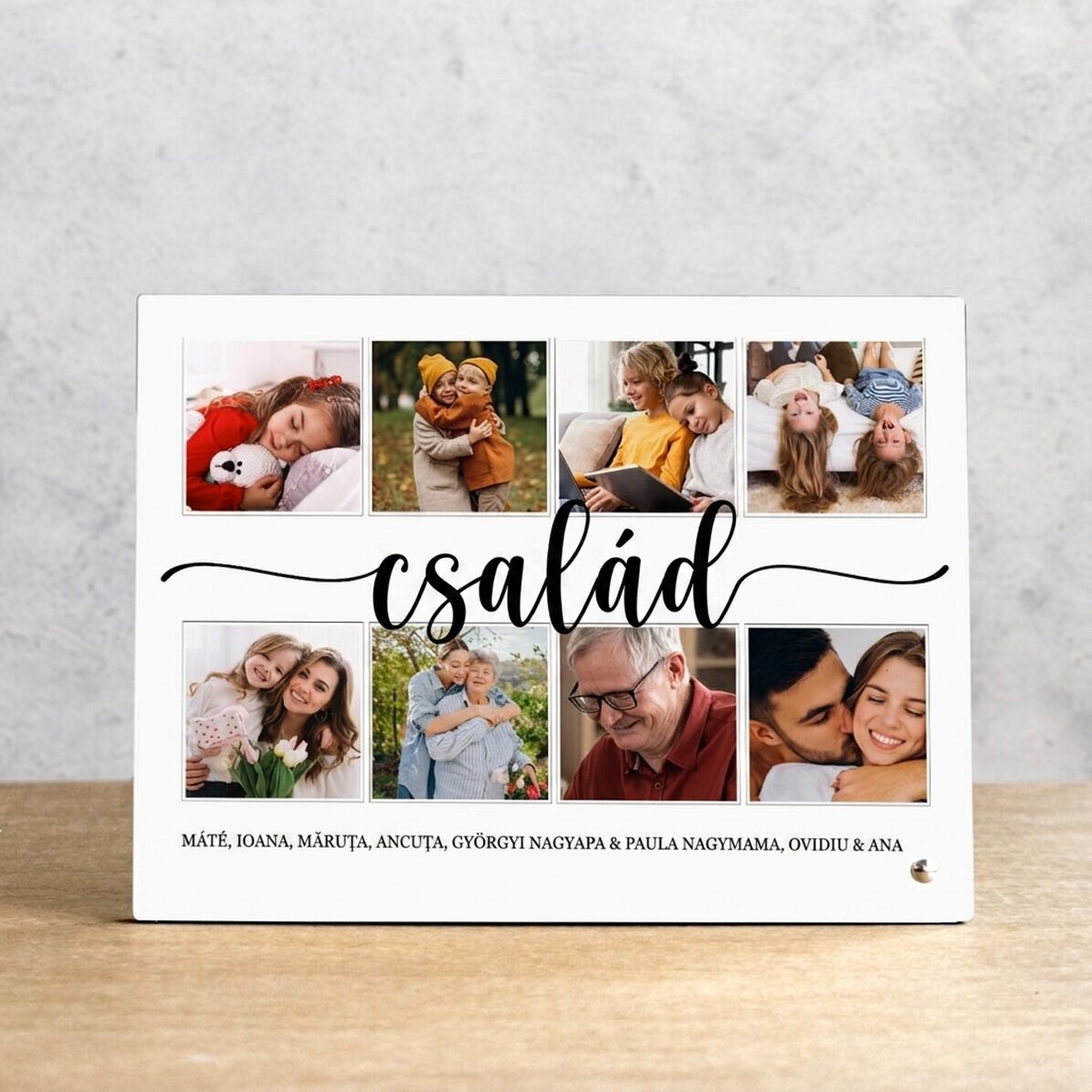 Személyre szabott asztali képkeret 8 fotóval és szöveggel – család