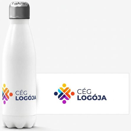 Fehér alapú termosz, logóval személyre szabva, fekvő formátumban
