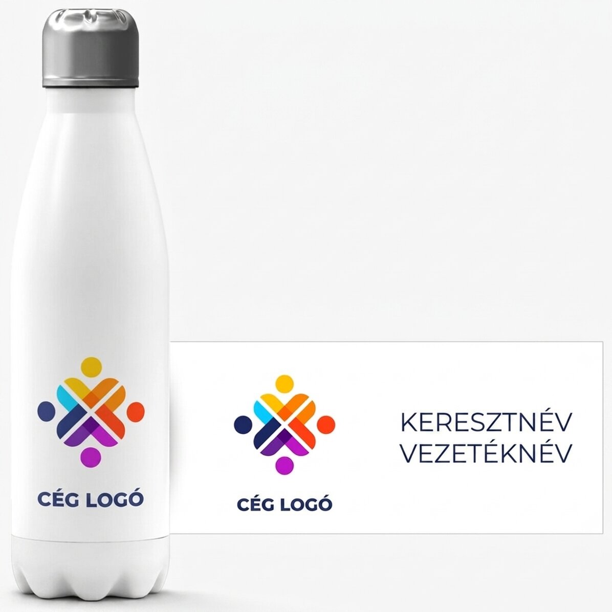 Fehér alapú termosz, logóval és névvel személyre szabva