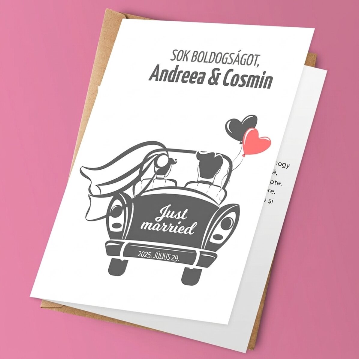 Személyre szabott üdvözlőkártya szöveggel - Just married (Friss házasok)