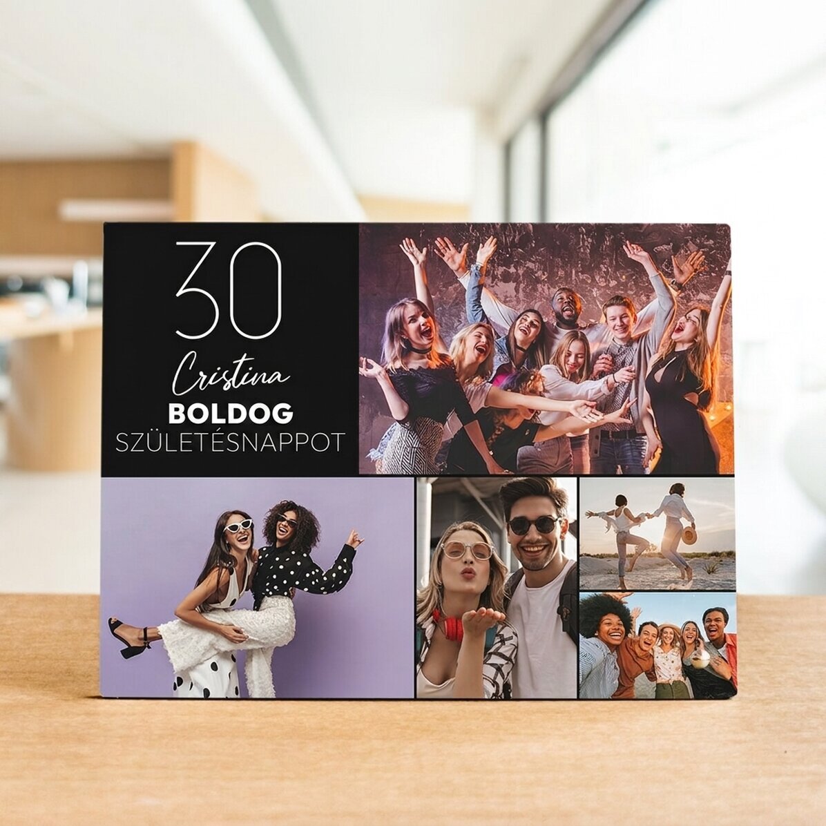 Személyre szabott asztali képkeret 5 fotóval és szöveggel – Boldog születésnapot!