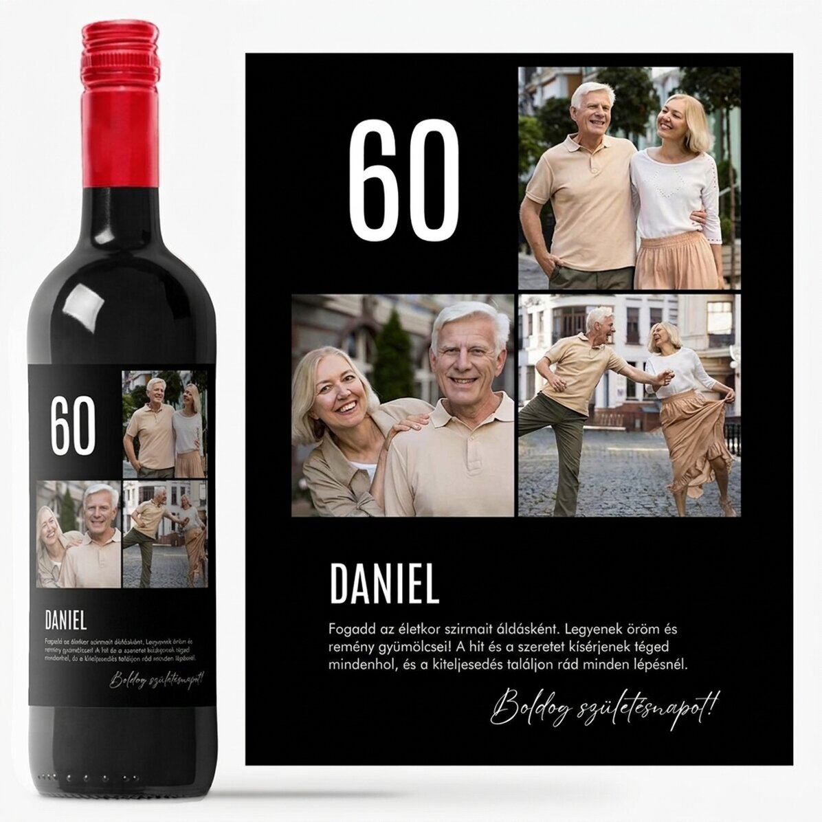 Személyre szabott bor szöveggel és 3 fotóval születésnapra - 60