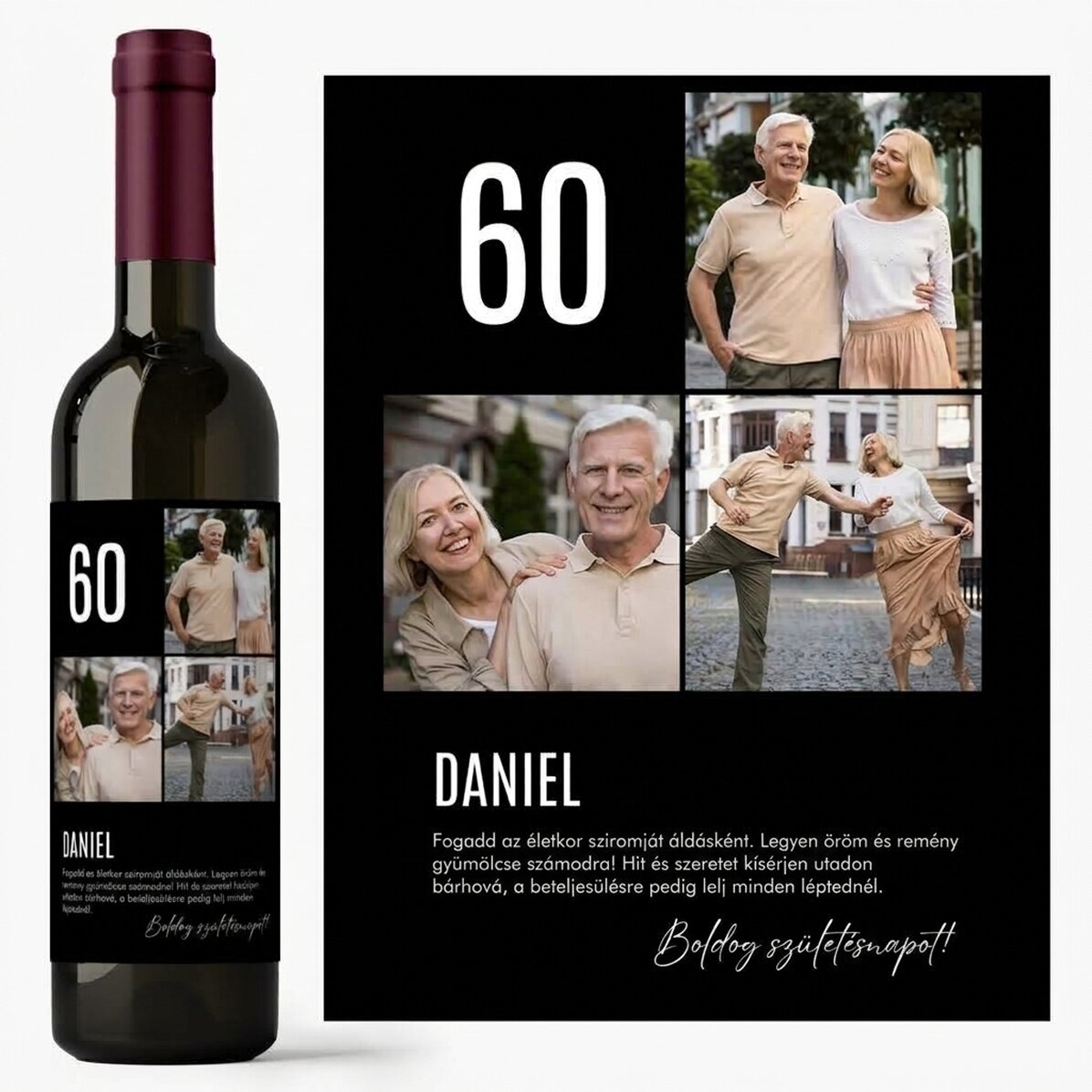 Személyre szabott bor szöveggel és 3 fotóval születésnapra - 60
