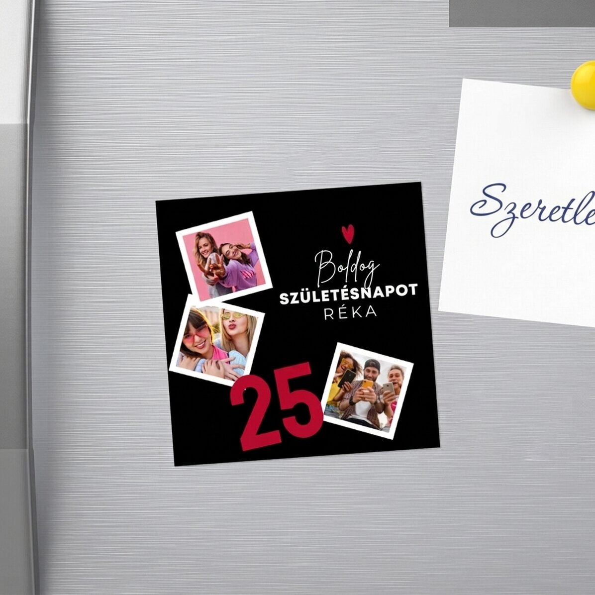 Személyre szabott 10x10-es mágnes 3 fotóval és szöveggel – Boldog születésnapot!