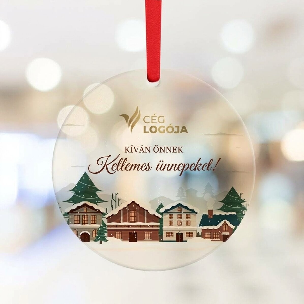 Személyre szabott kerek dísz logóval és üzenettel - Boldog karácsonyt!