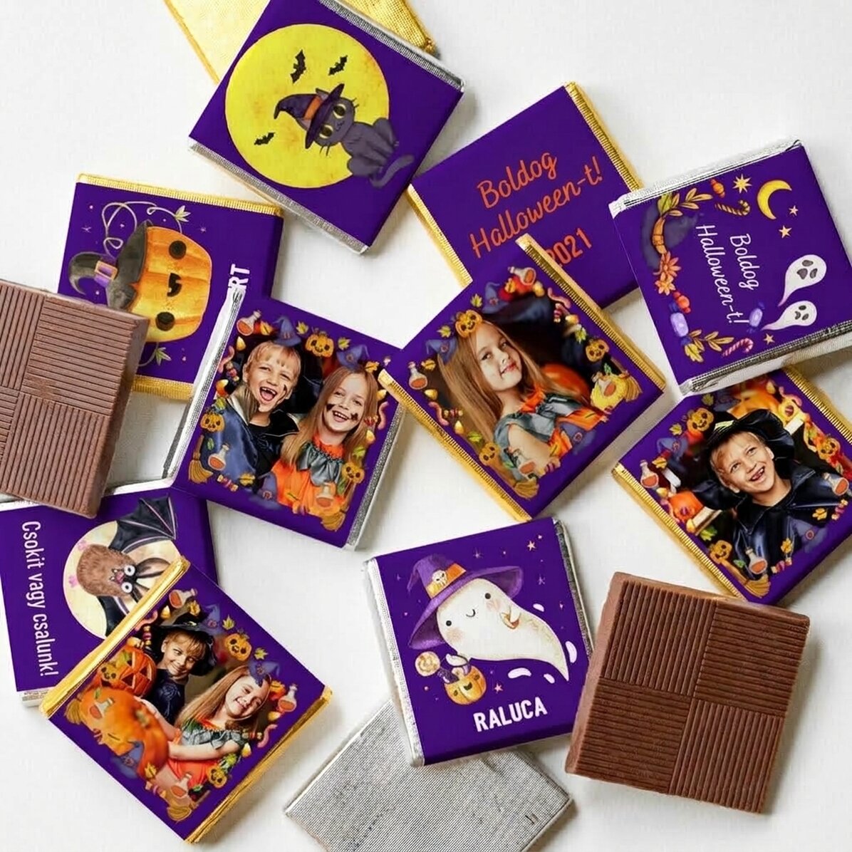 10 darabos mini csokoládé szett, fotókkal és szöveggel személyre szabva – Halloween