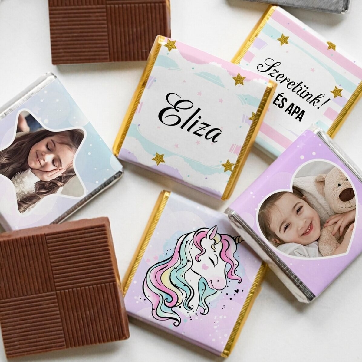 5 darabos mini csokoládé szett, fotókkal és szöveggel személyre szabva – Unicorn