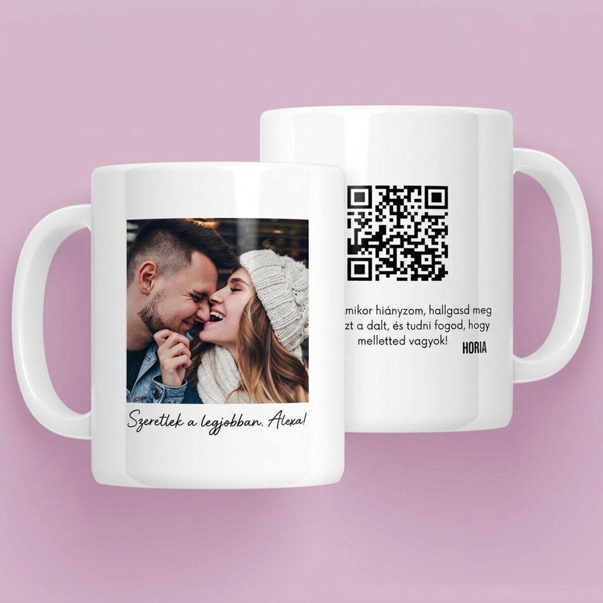 Személyre szabott bögre fotóval, üzenettel és QR-kóddal