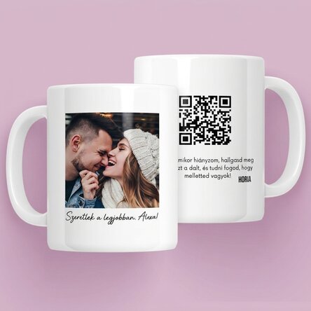 Személyre szabott bögre fotóval, üzenettel és QR-kóddal