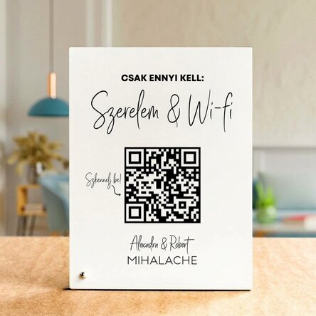 Személyre szabott asztali képkeret szöveggel és QR-kóddal – Wifi keresés (fehér háttér)