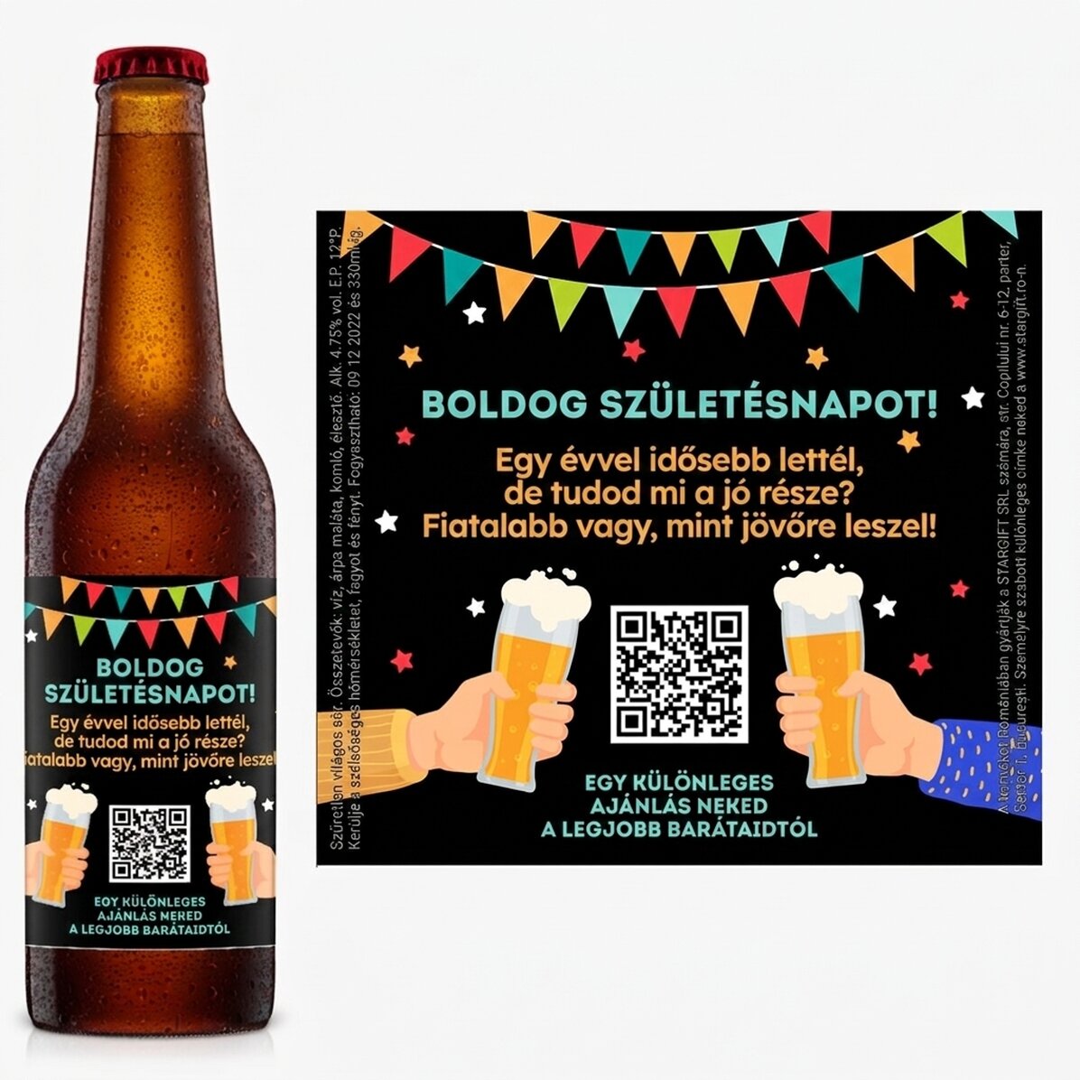 Személyre szabott sör QR-kóddal és szöveggel – Boldog születésnapot!