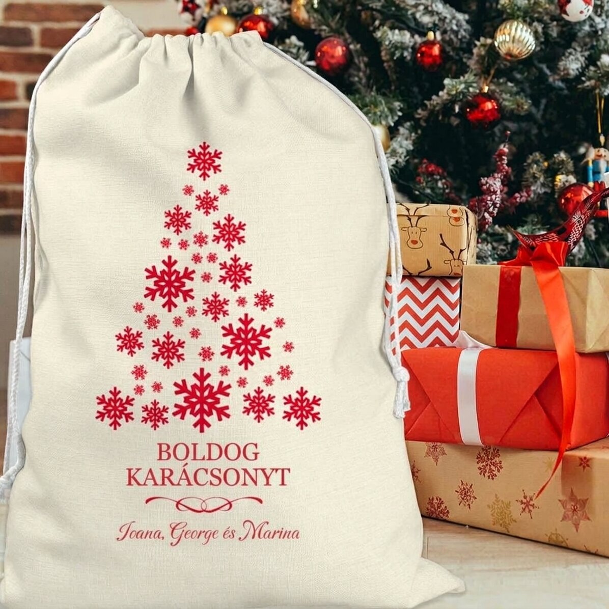 Személyre szabott ajándékzsák szöveggel - Karácsonyfa