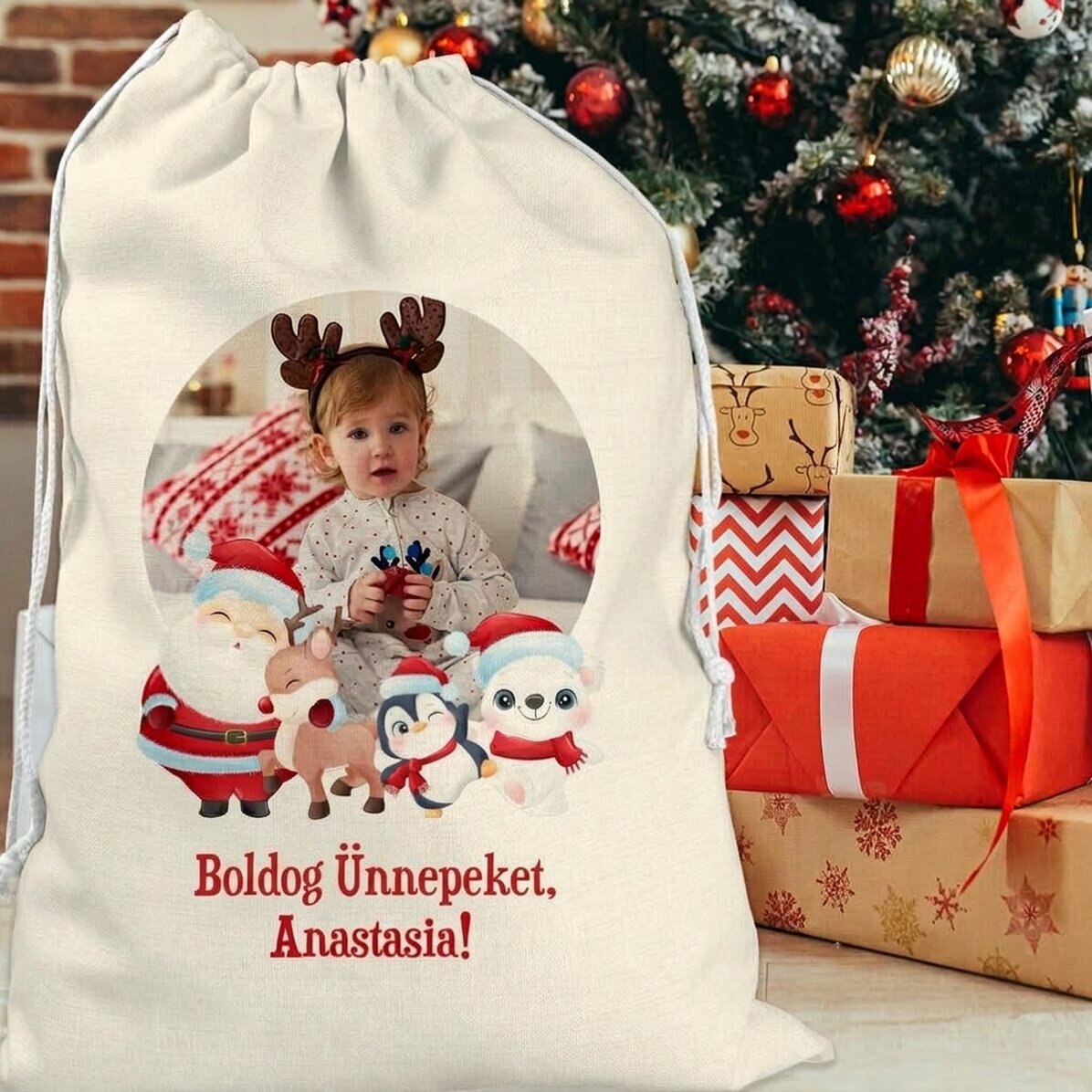 Személyre szabott ajándékzsák fotóval és szöveggel - Boldog karácsonyt!