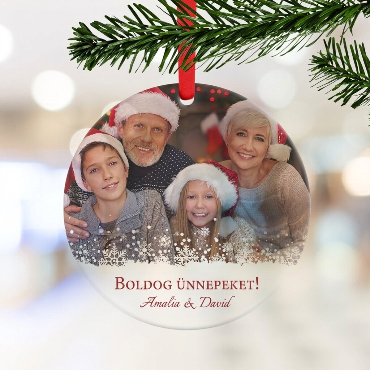 Személyre szabott kerek dísztárgy fotóval és karácsonyi üzenettel