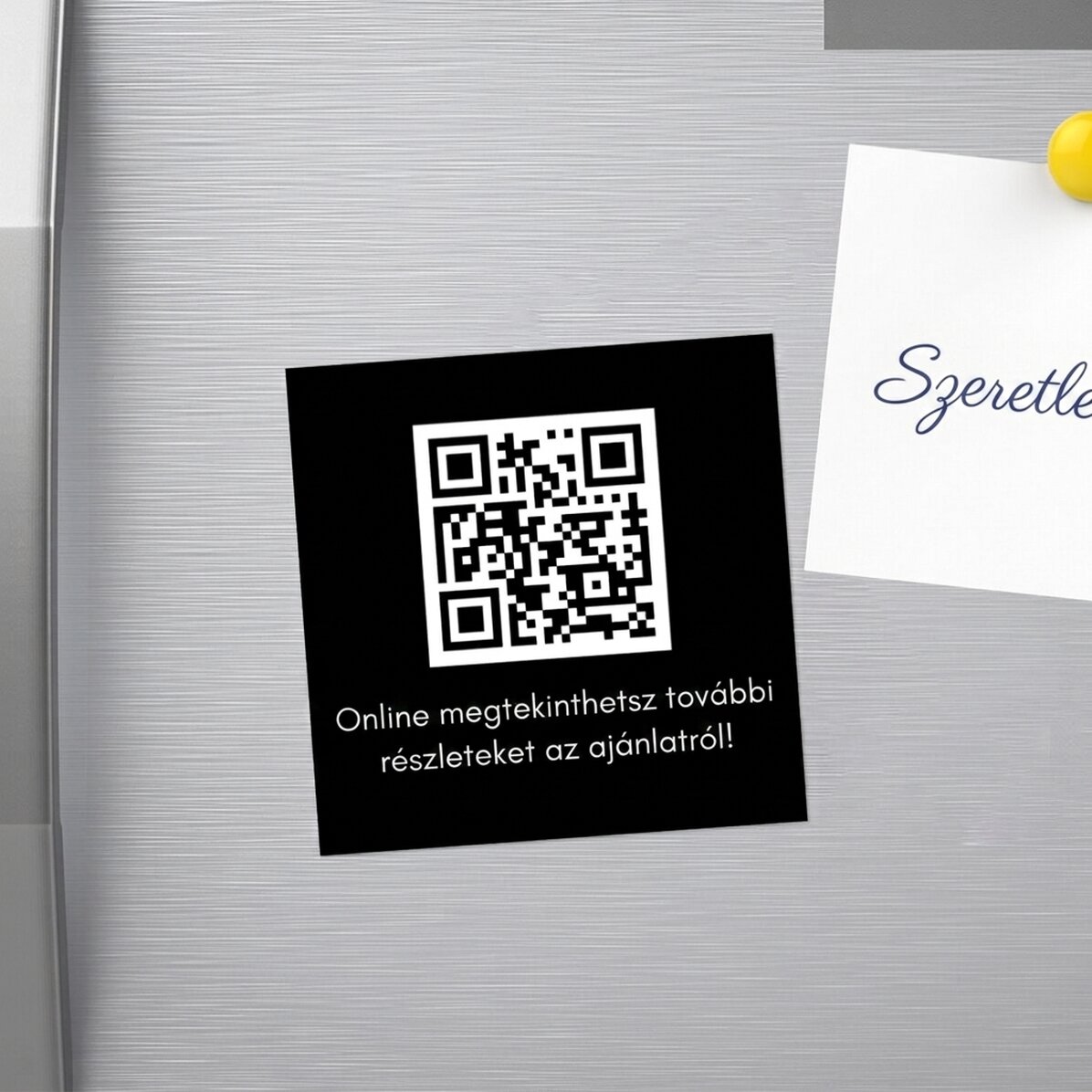 10x10-es mágnes, szöveggel és QR-kóddal személyre szabva