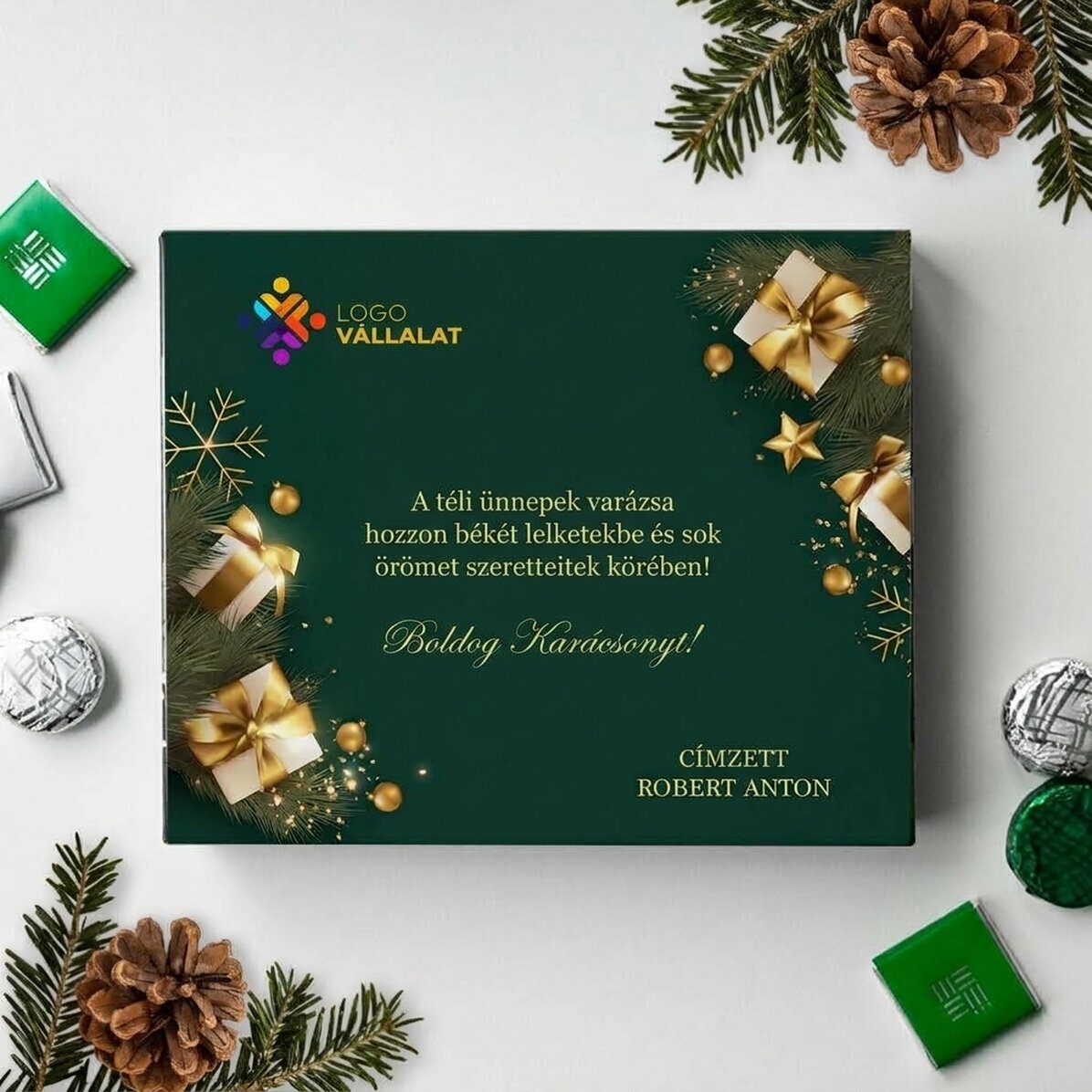 Személyre szabott csokoládédoboz logóval és szöveggel – Boldog ünnepeket!