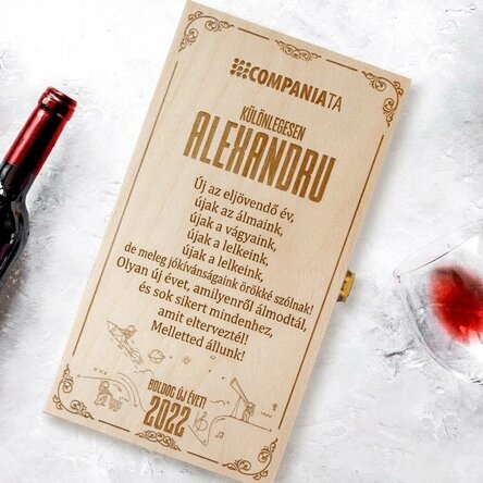 Személyre szabott borosdoboz két üveg borhoz, logóval és üzenettel – Boldog születésnapot!