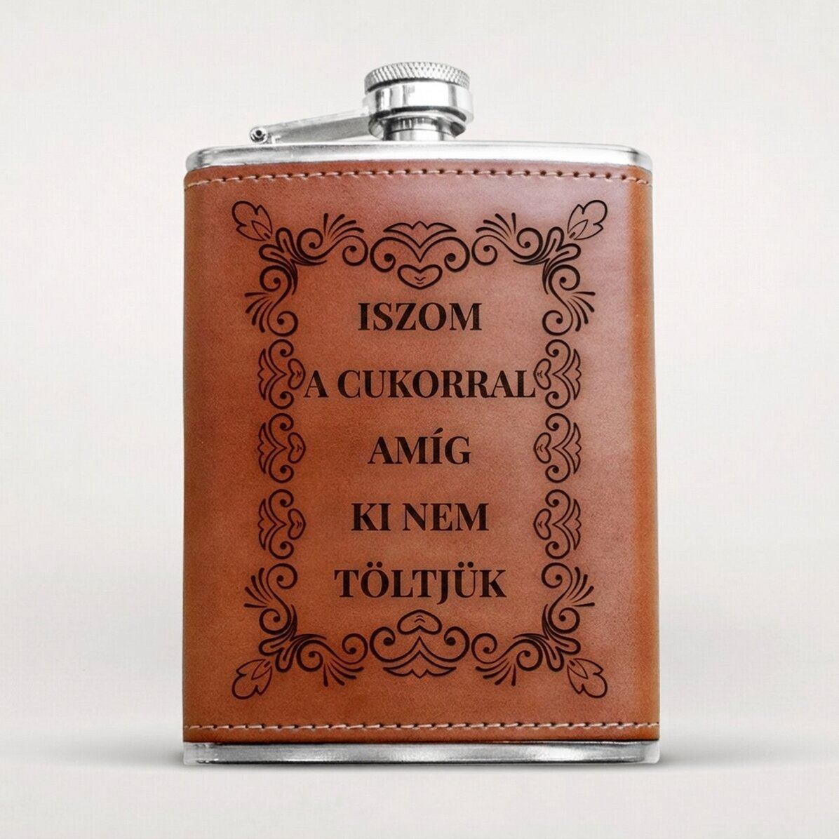 Bőrborítású zsebpalack, személyre szabott üzenettel - Elegáns