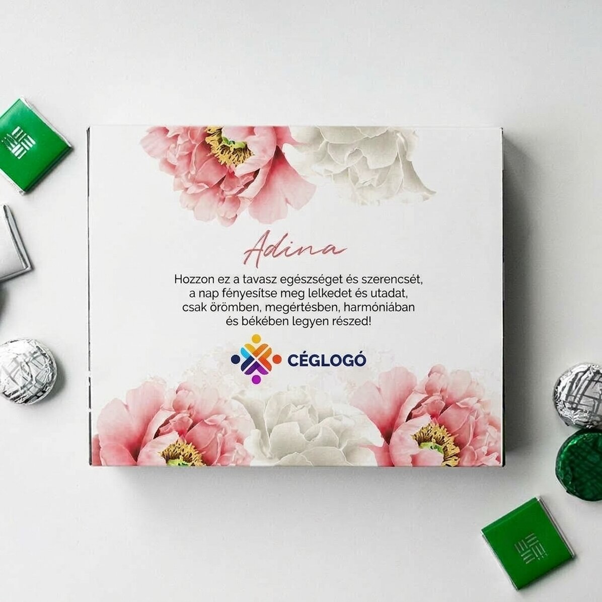 Személyre szabott csokoládédoboz logóval és üzenettel – Gyönyörű tavasz