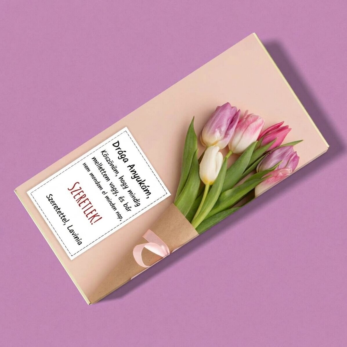 Személyre szabott csokoládé szöveggel - Tulipáncsokor