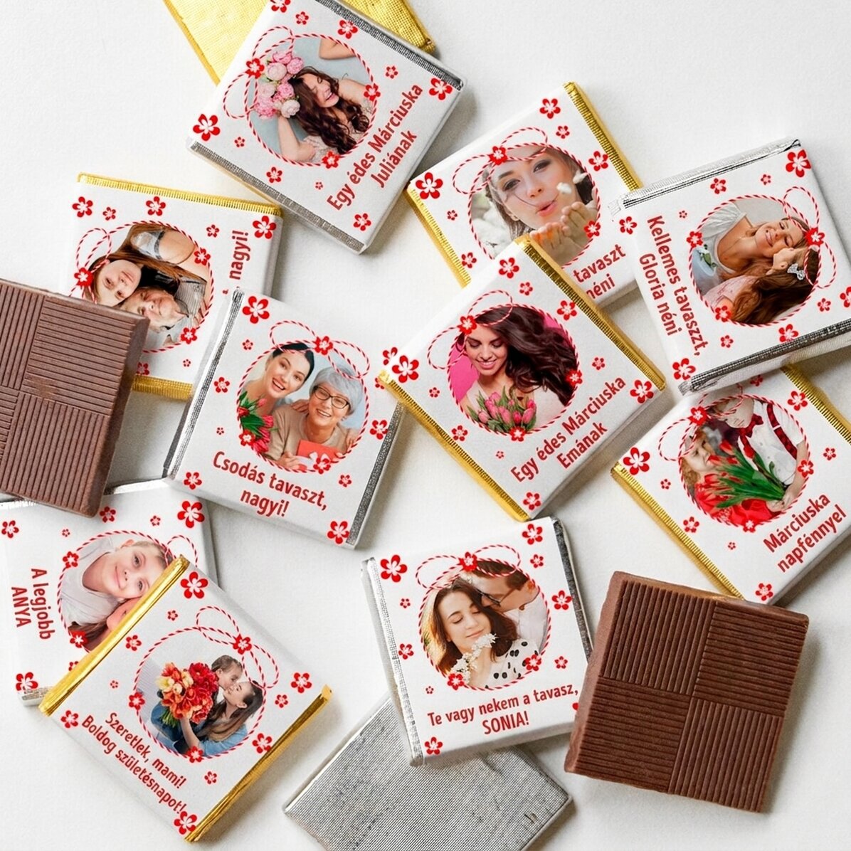 10 darabos mini csokoládé szett, fotókkal és szöveggel személyre szabva