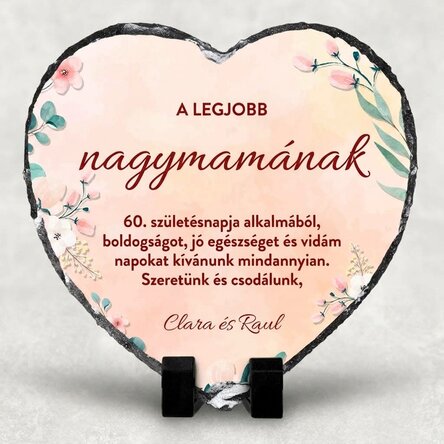 Szív alakú pala, nagymamának szóló üzenettel személyre szabva