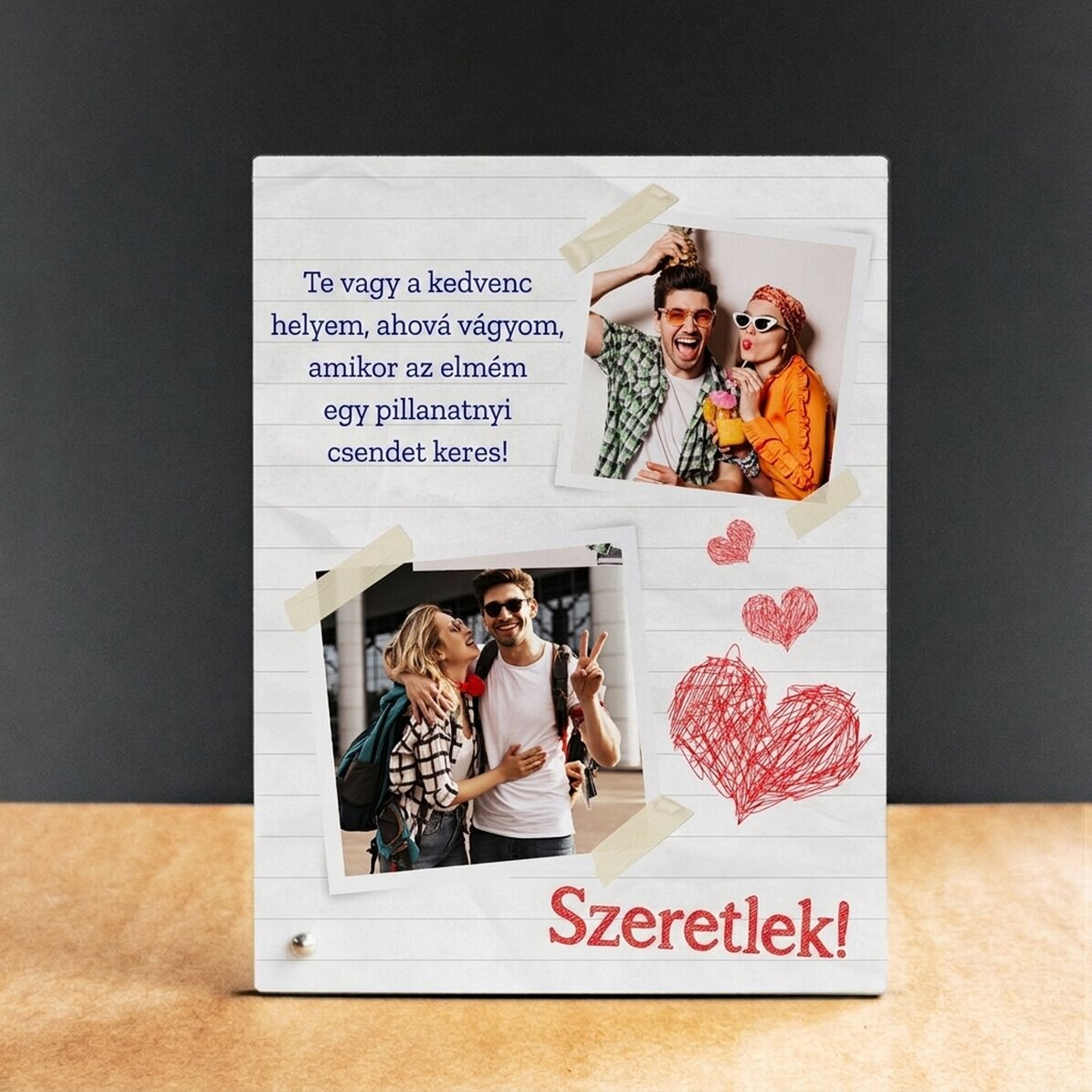 Személyre szabott asztali képkeret 2 fotóval és szöveggel – Szeretlek!