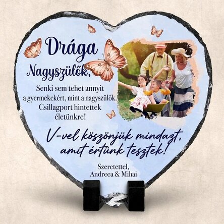 Szív alakú pala, személyre szabott üzenettel és fotóval a nagyszülőknek