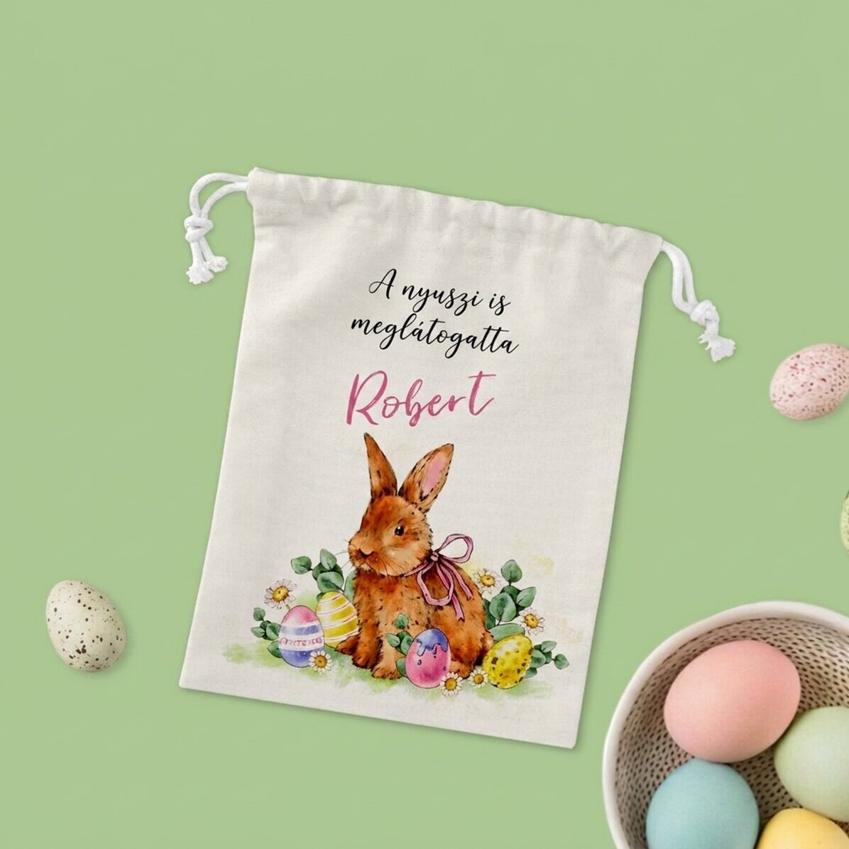 Kis ajándékzsák, szöveggel személyre szabva – Húsvéti nyuszi