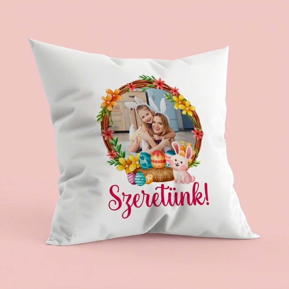 Személyre szabott párna szöveggel és fotóval - Nyuszi