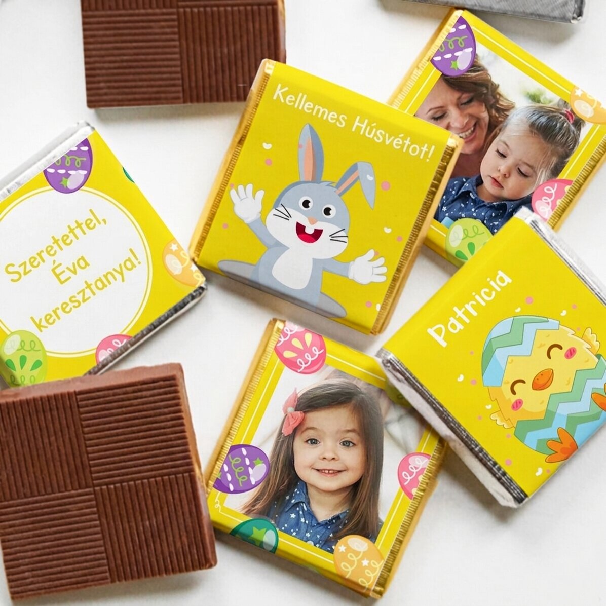 5 darabos mini csokoládé szett, fotókkal és szöveggel személyre szabva – Húsvét
