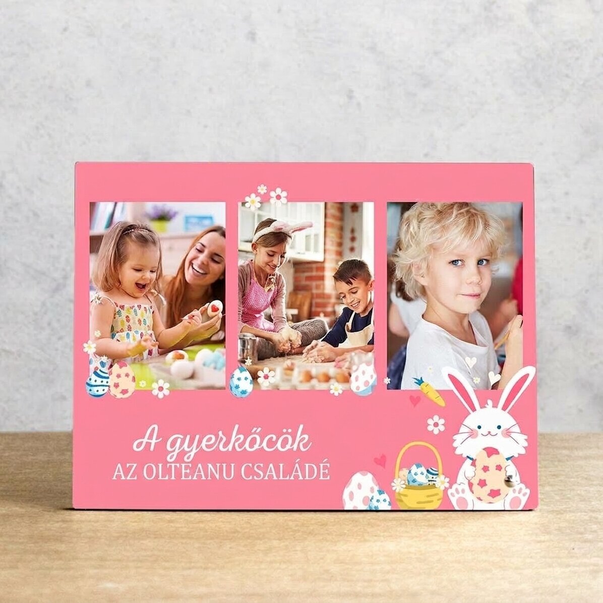 Személyre szabott asztali képkeret 3 fotóval és szöveggel gyerekeknek - Nyuszi