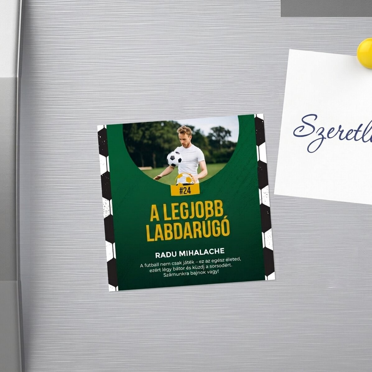 Személyre szabott 10x10-es mágnes fotóval és szöveggel - Futball
