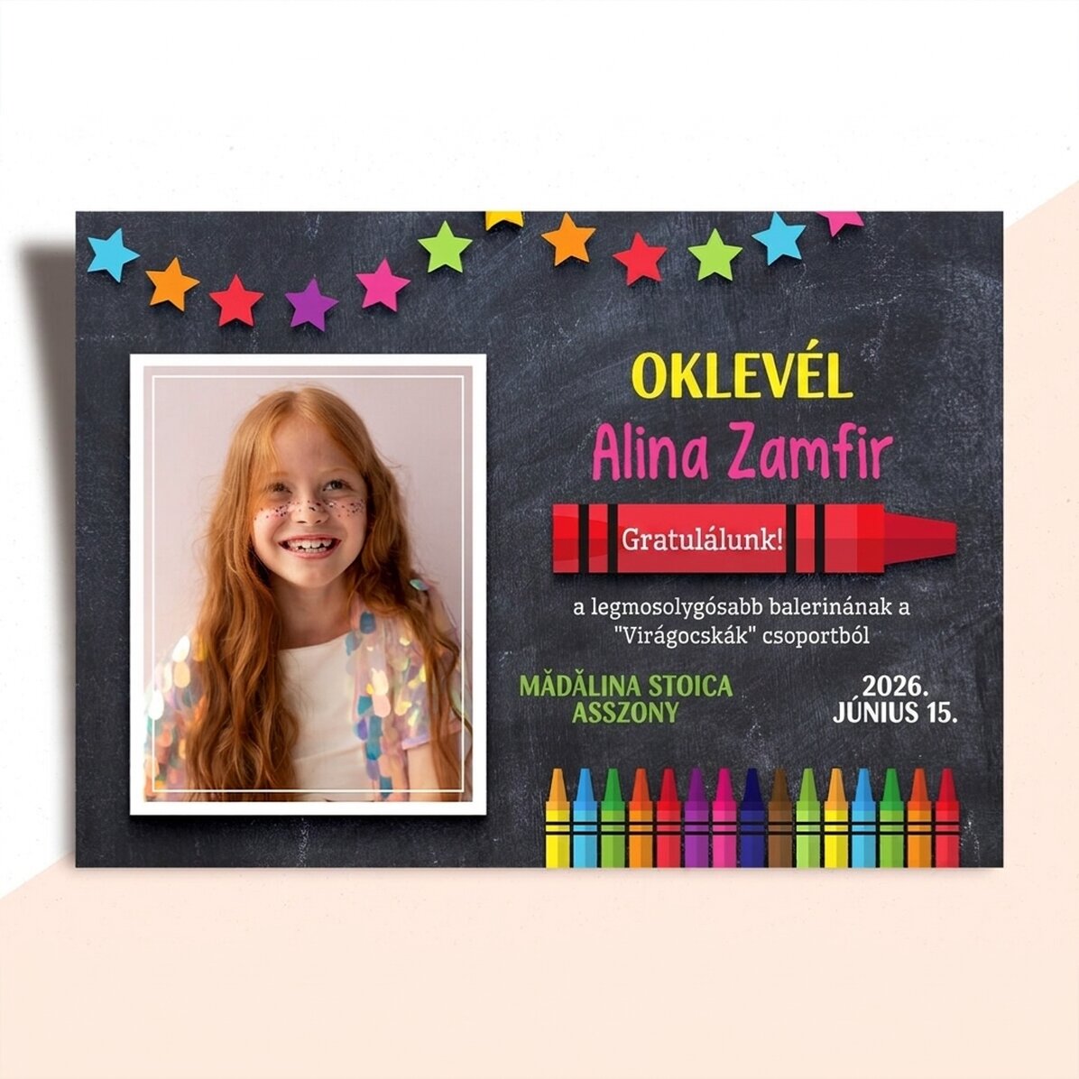 Személyre szabott oklevél szöveggel és fotóval gyerekeknek