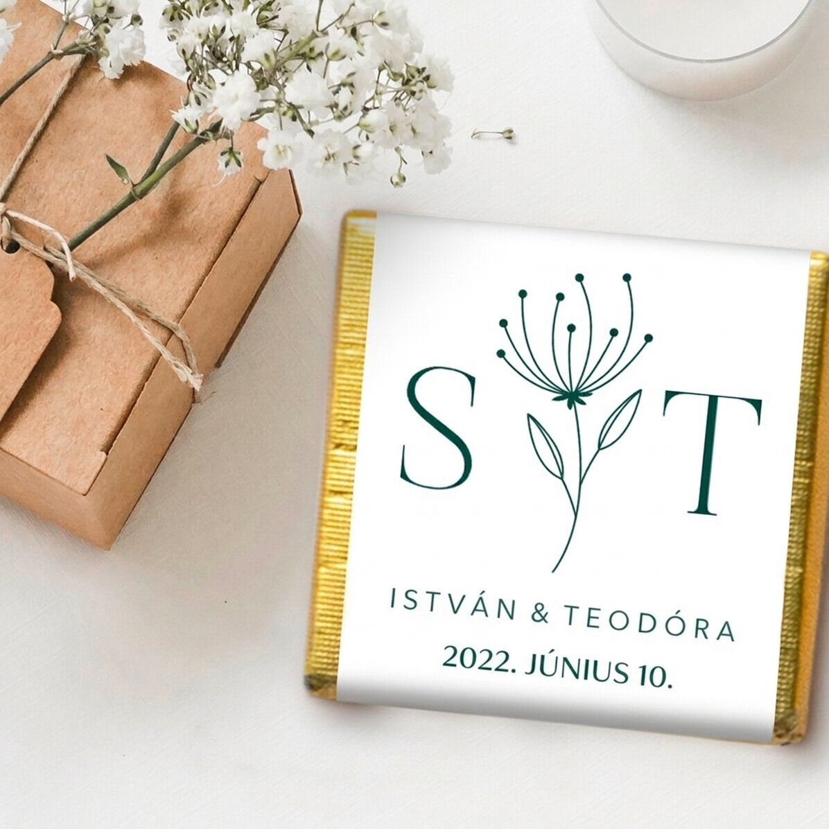 Mini csokoládé esküvői ajándék, személyre szabott szöveggel - Elegáns